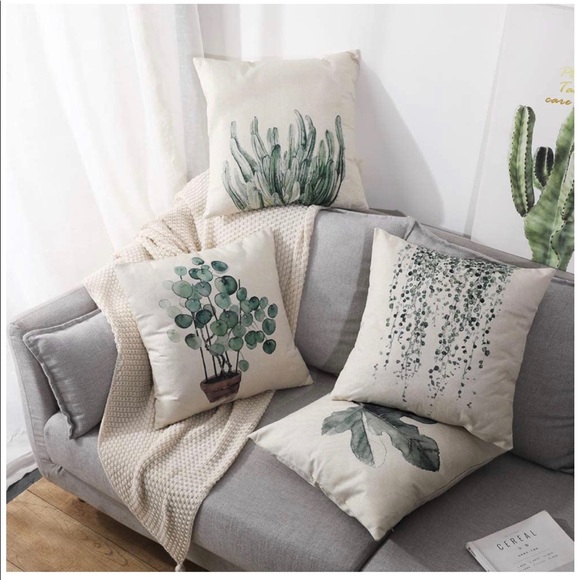 Set of 4 Pillow Covers Green leaves cotton linen - Picture 2 of 8